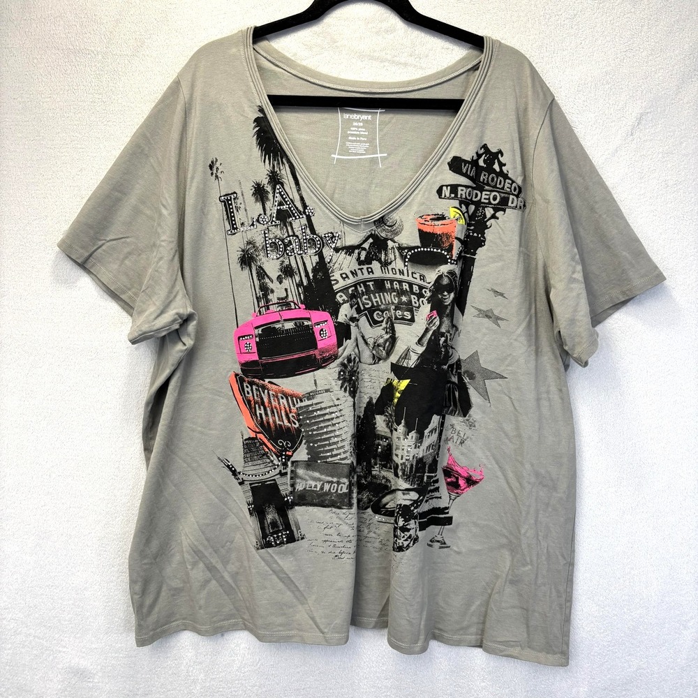 Los Angeles Graphic T-Shirt PERU Womens 26/28 Gray Rhinestone LA V-Neck Cotton - Picture 1 of 8